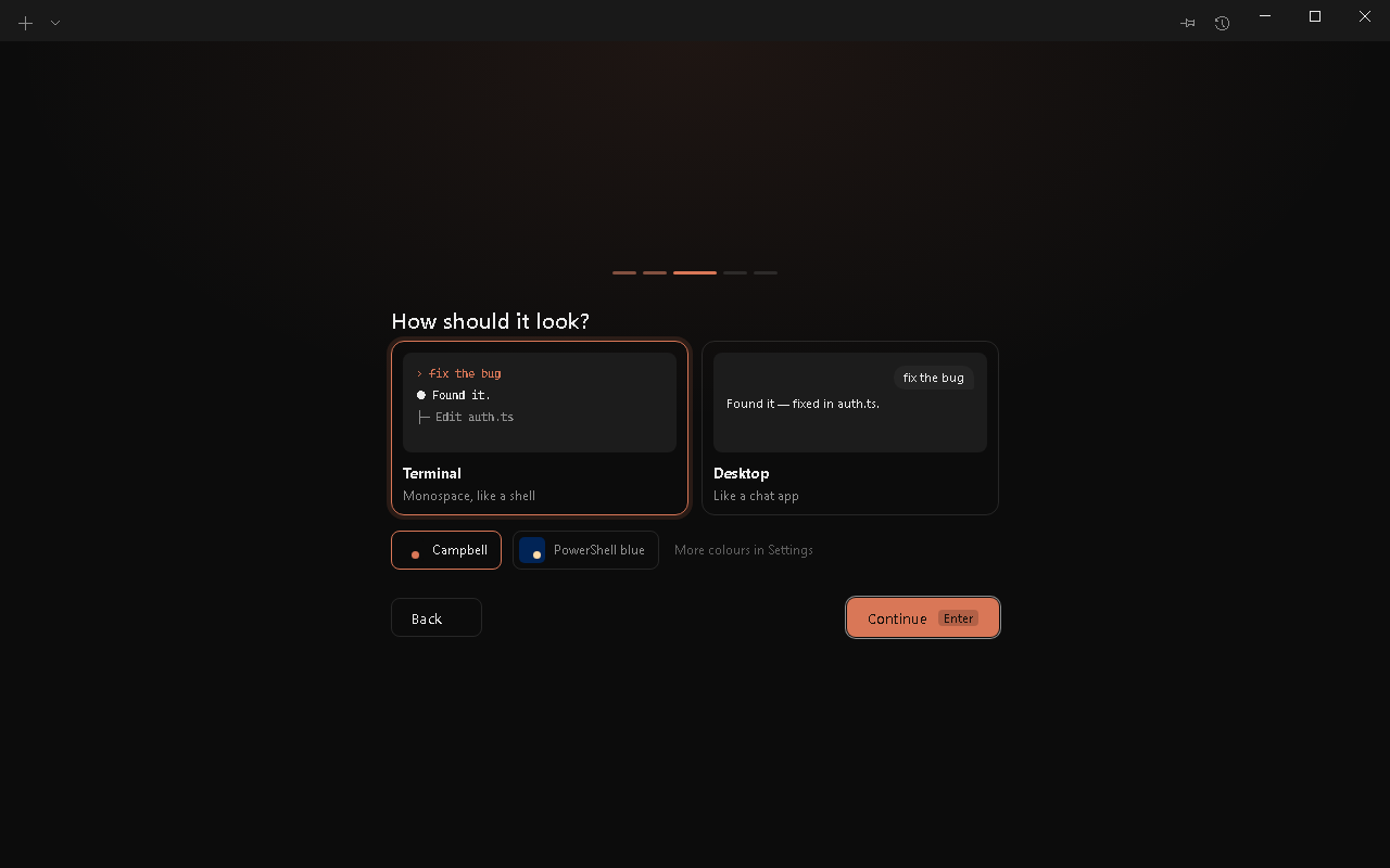 The first-run setup asking how Cmdhive should look: Terminal or Desktop